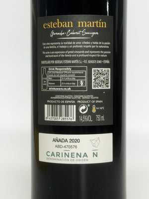 Esteban Martin 12M 2020 Carinena back label  Garnacha Cabernet Sauvignon