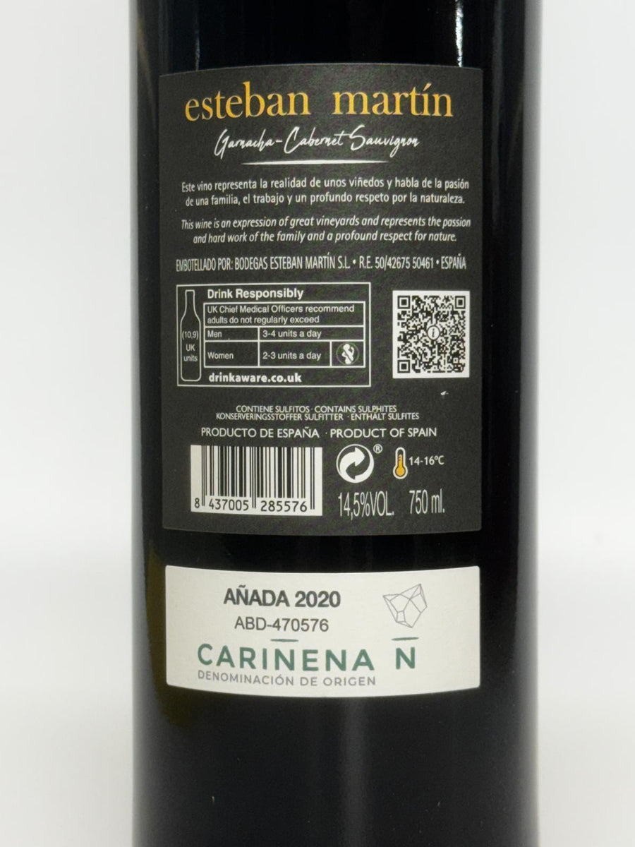 Esteban Martin 12M 2020 Carinena back label  Garnacha Cabernet Sauvignon
