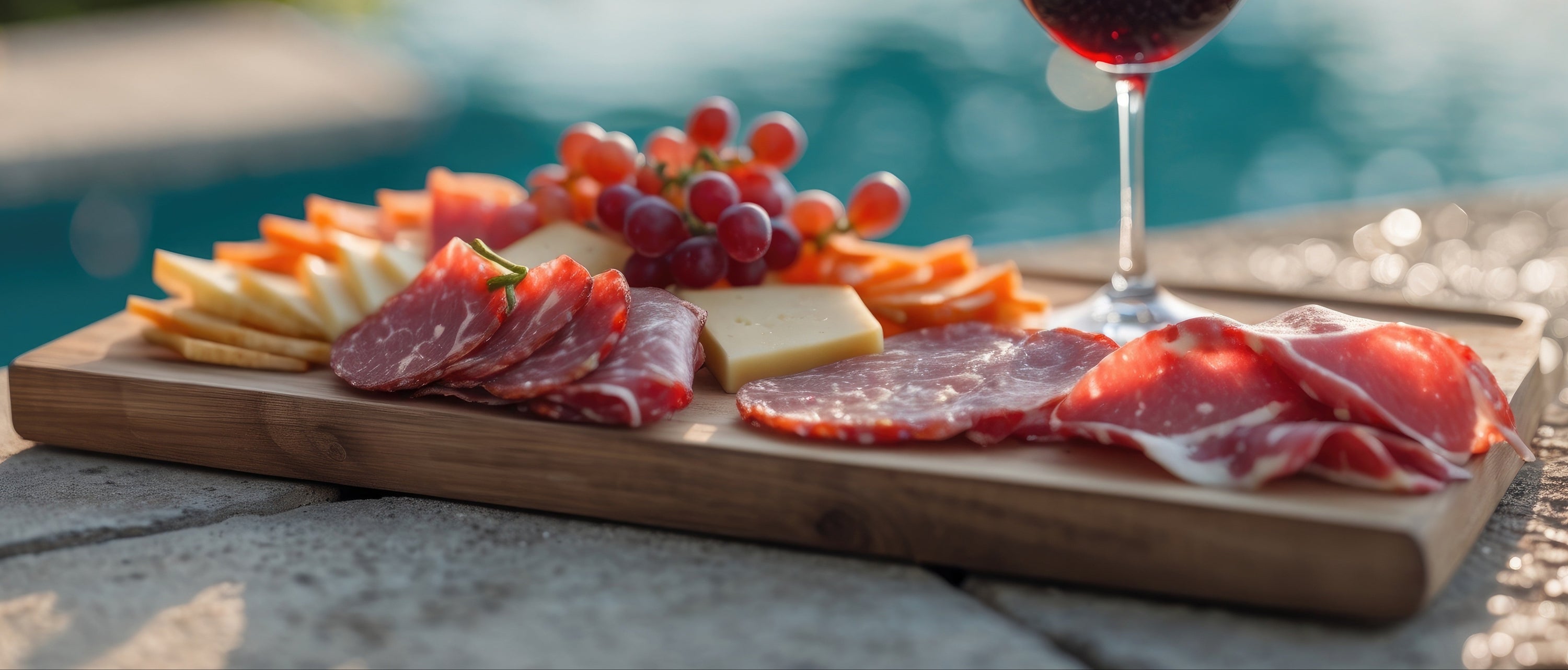 Glass of red wine on a charcuterie board by a poolside