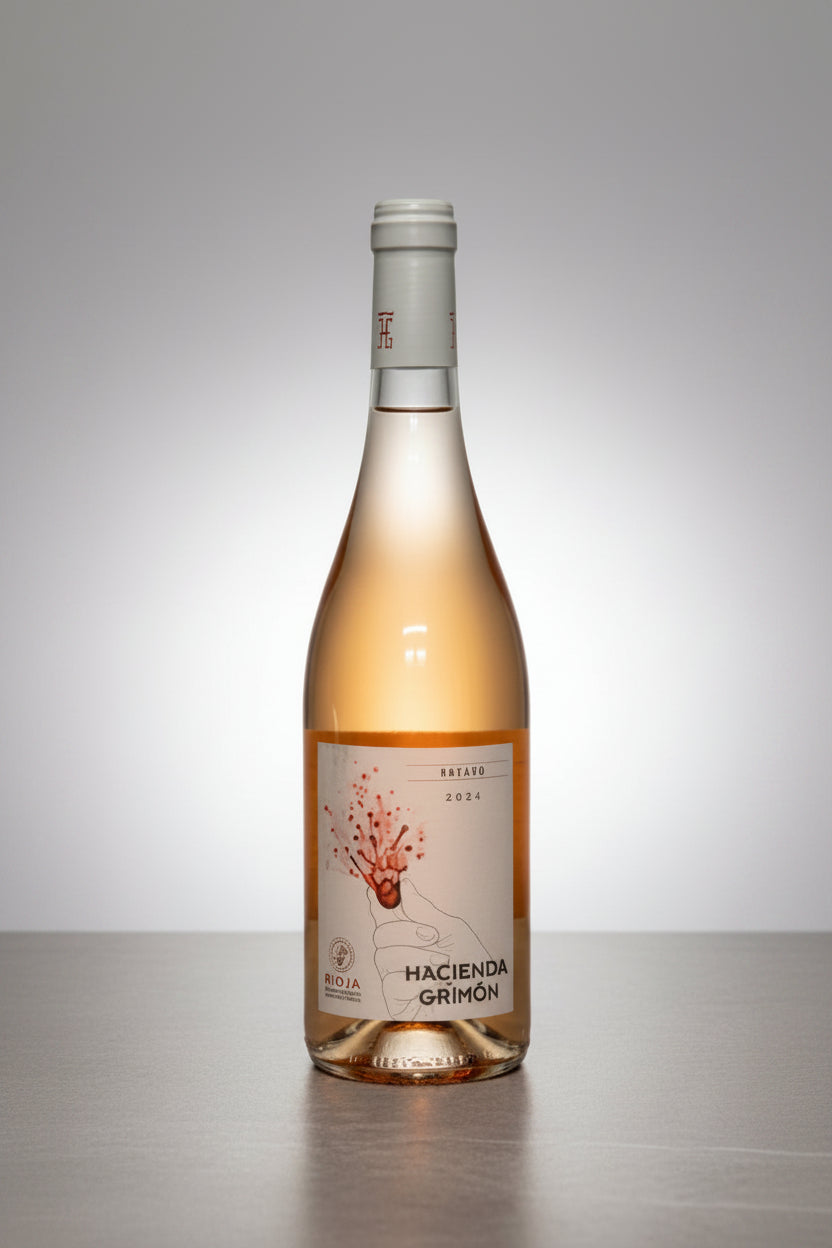 Bottle of Hacienda Grimon Rosado wine on a gray background