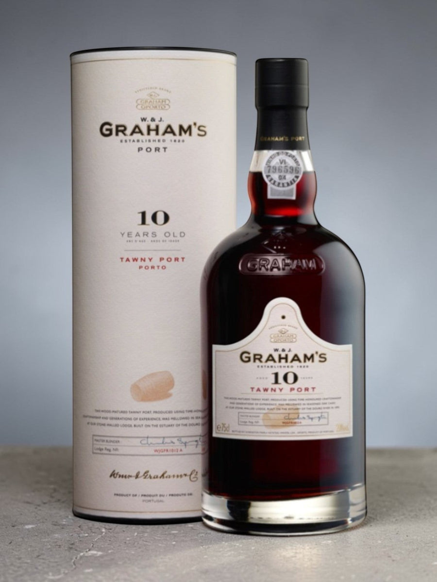 Shaws Iberian Graham's 10 Year Old Tawny Port bottle and presentation tube. Deep tawny colour, nutty aromas, honey, figs, mature fruit.