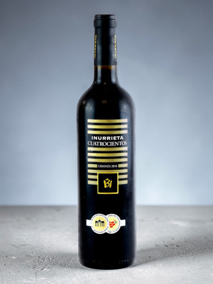 Shaws Iberian Inurrieta 400 Crianza dark red wine bottle with gold and black label, aged 14 months in oak.