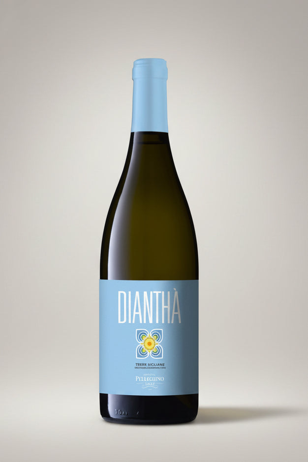 A bottle of Diantèa Ferrea Solvite white wine, featuring a dark green glass bottle, a light blue foil top, and a light blue label with a yellow and blue flower logo.
